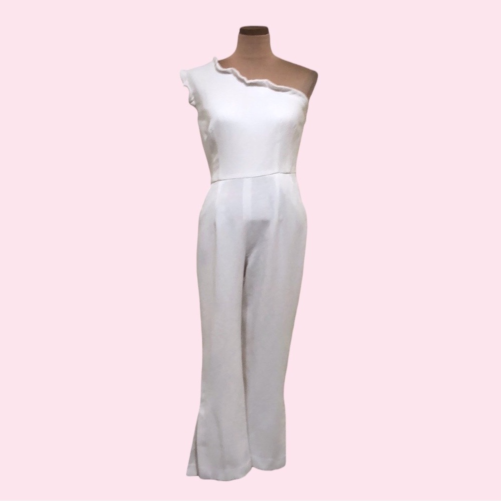 Black Halo Pravella Jumpsuit Size 10 White Ruffle One Shoulder Cropped Length